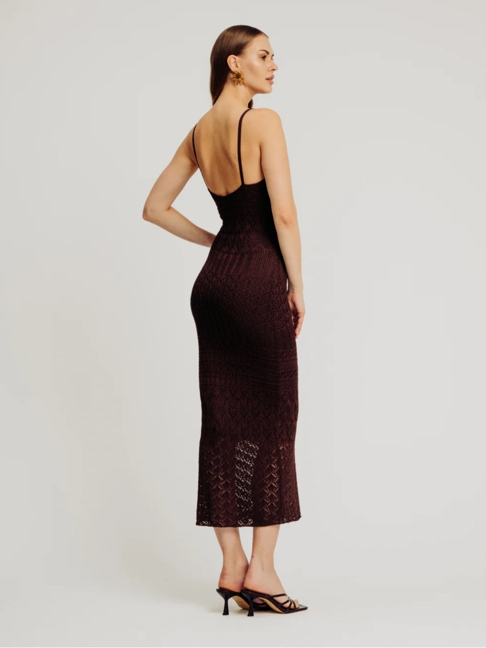 Torn by Ronny Kobo Vanessa Cocoa Pointelle Knit Midi Dress Size S NWT